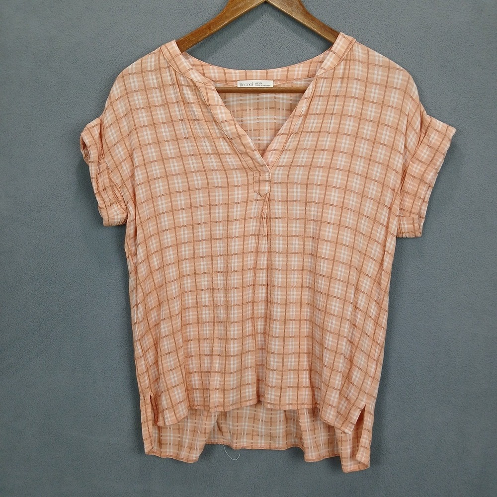 Bécool Everyday Shirt Top Womens S/M Salmon Orange Plaid High Low Split V-Neck‎